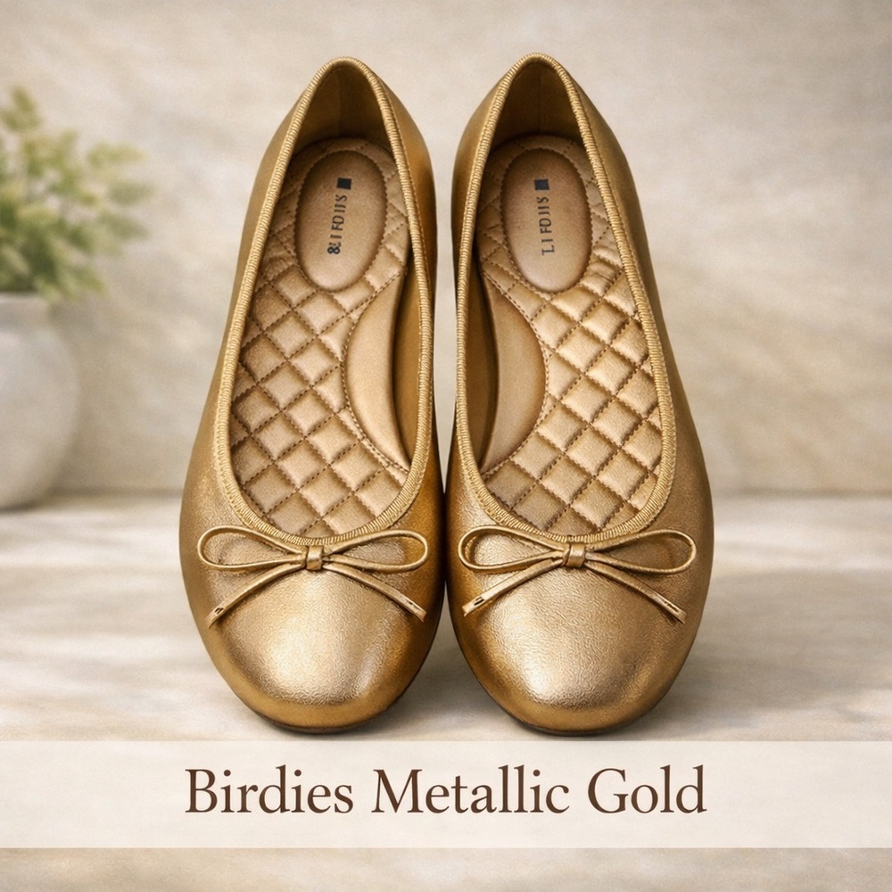 Birdies Metallic Gold Ballet Flats Bow Detail Size 7